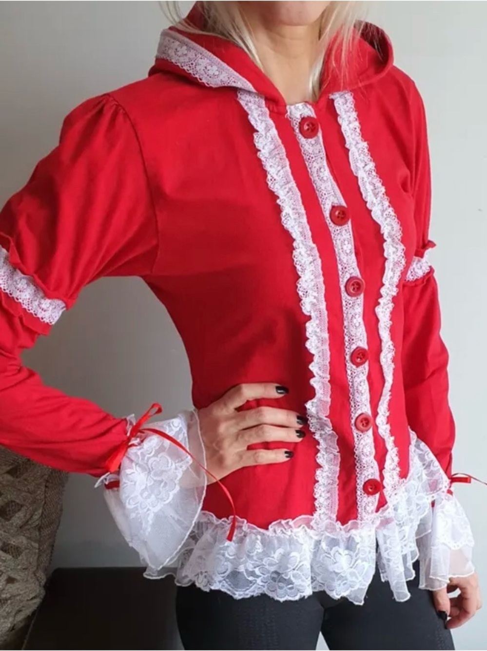 Vintage Poizen Industries Lolita Hoodie Red & White Lace